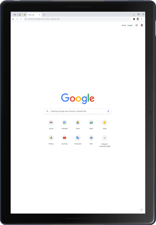 Tabletă Pixel Slate în modul Portret, afișând pagina de pornire Google.