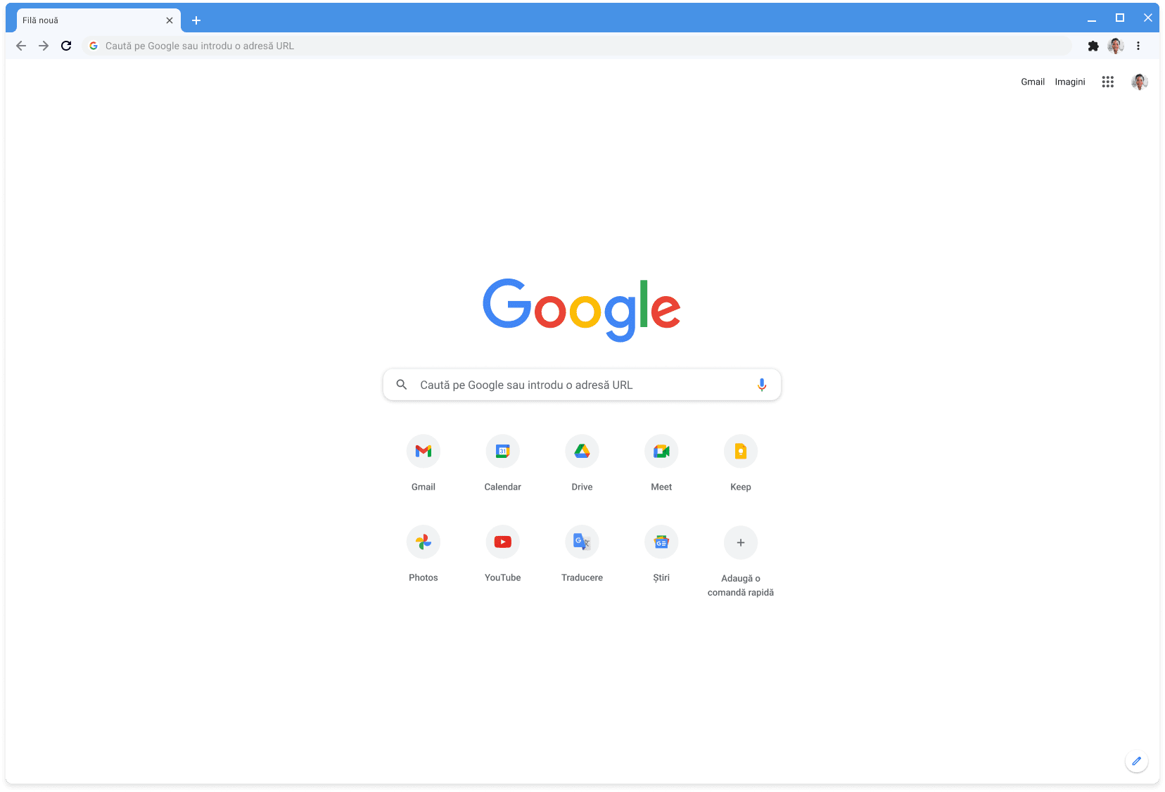 Fereastra browserului Chrome afișând site-ul Google.com cu tema Clasică.