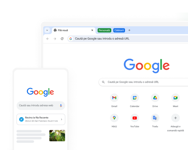 Pe un dispozitiv mobil și un desktop apare pagina de pornire Google în Chrome.