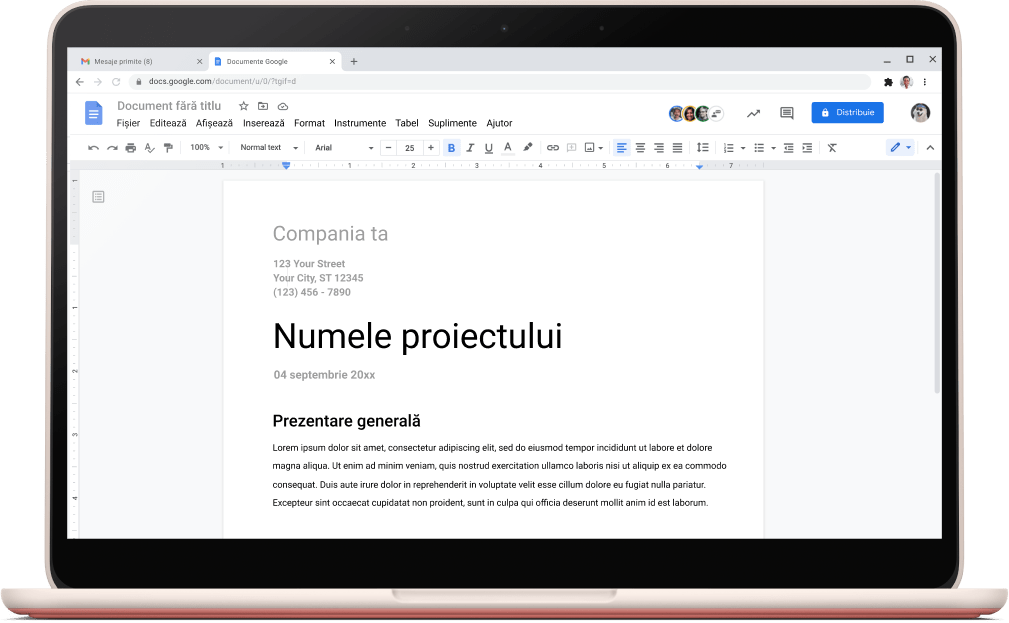 Ecranul Documente Google afișând un șablon de proiect deschis.